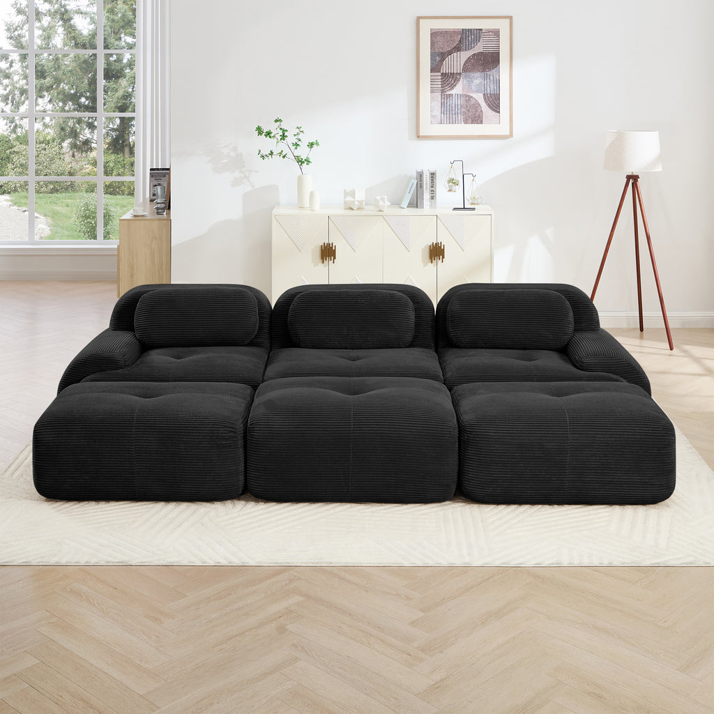 Contemporary corduroy sectional couch with curved armrests and deep seating