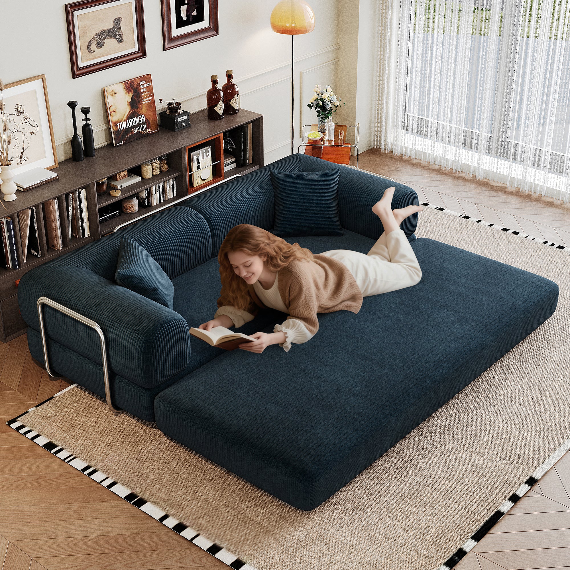 Blue Corduroy Convertible Sofa Bed