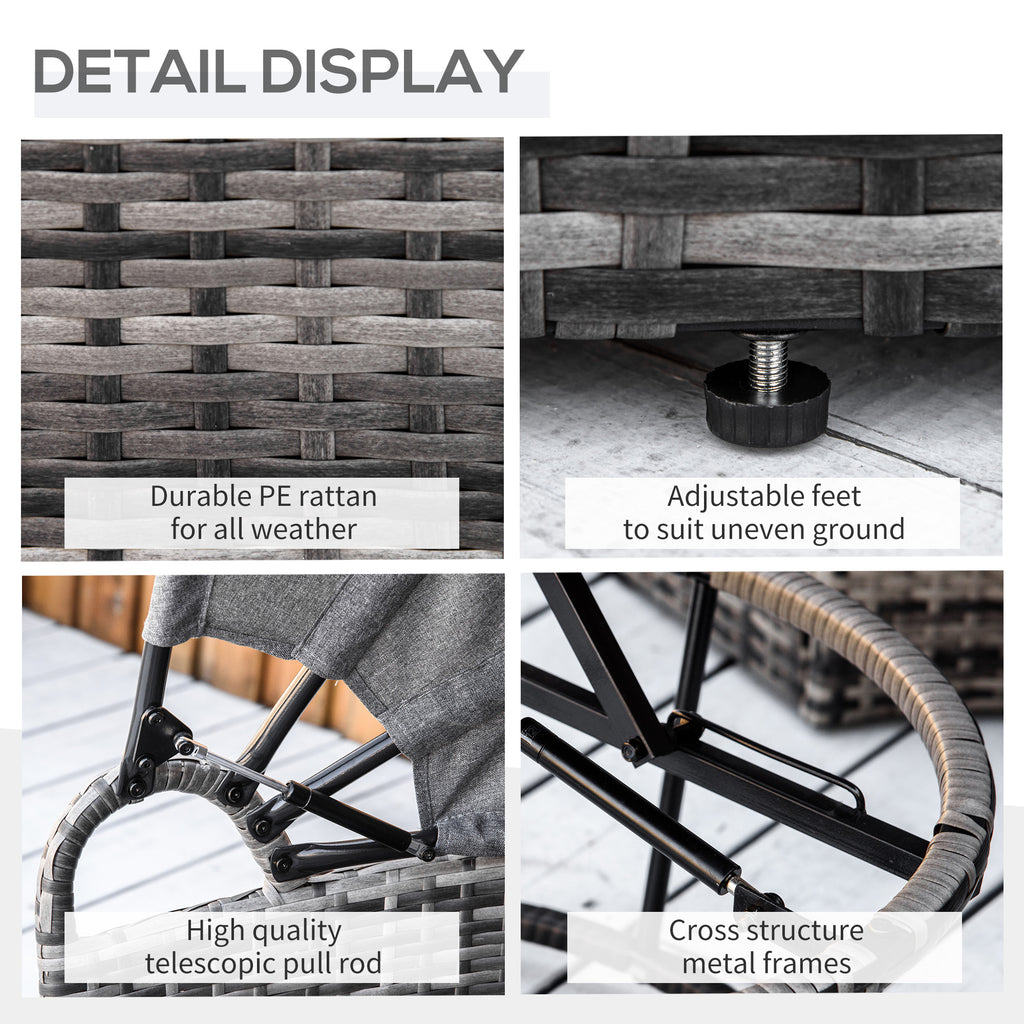 Product detail display with PE rattan, adjustable feet, telescopic pull rod, and metal frames.