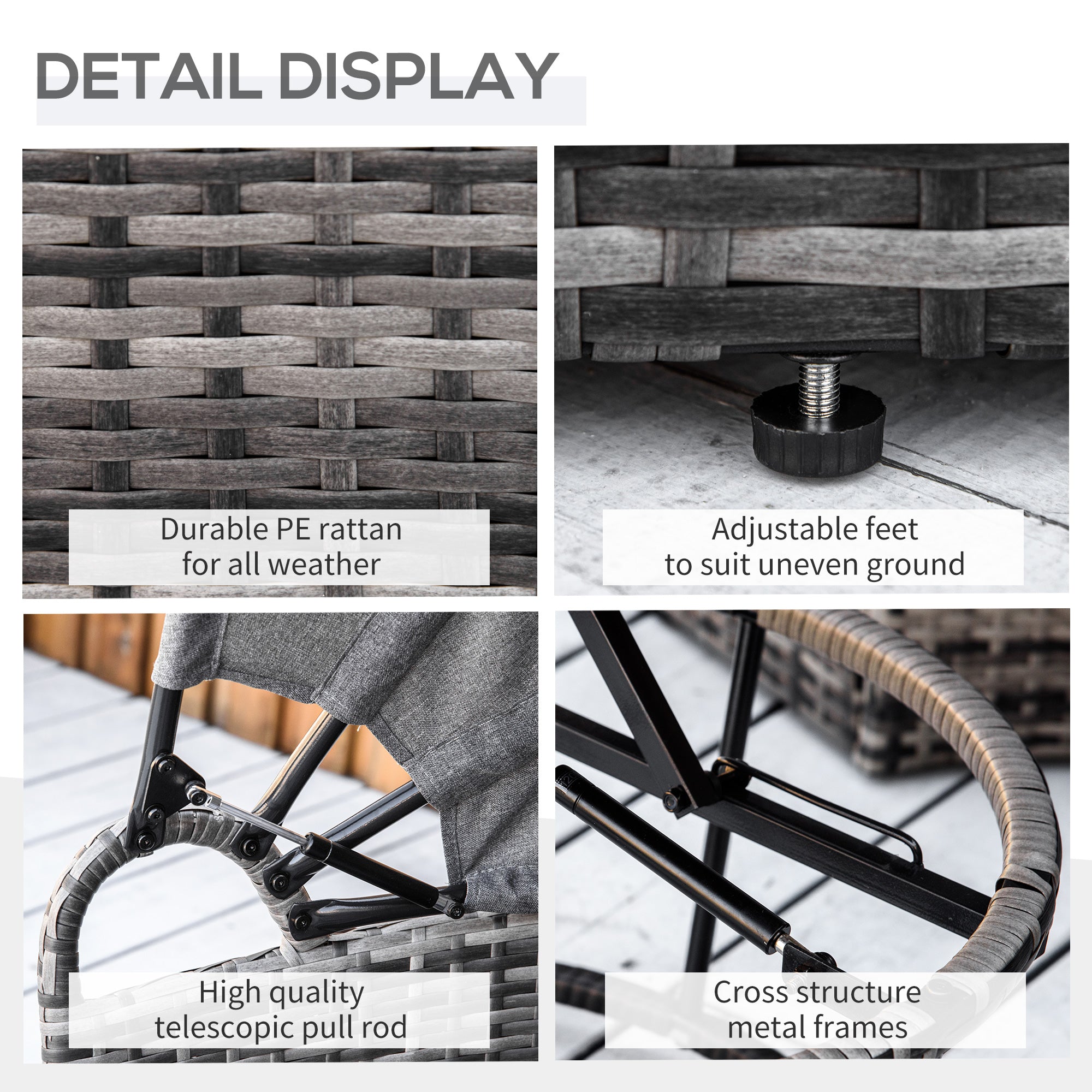 Product detail display with PE rattan, adjustable feet, telescopic pull rod, and metal frames.