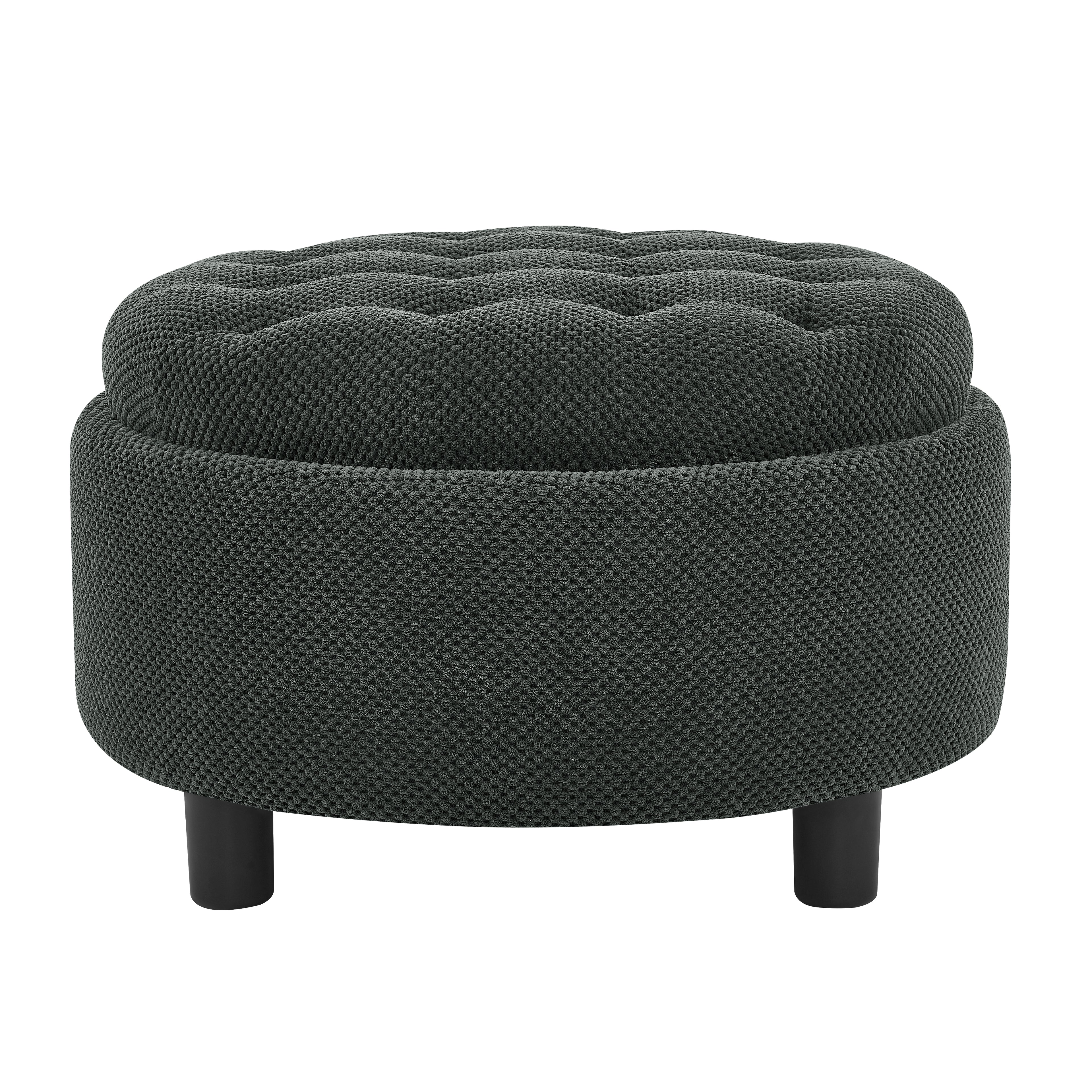 Round tufted ottoman with black legs on a white background