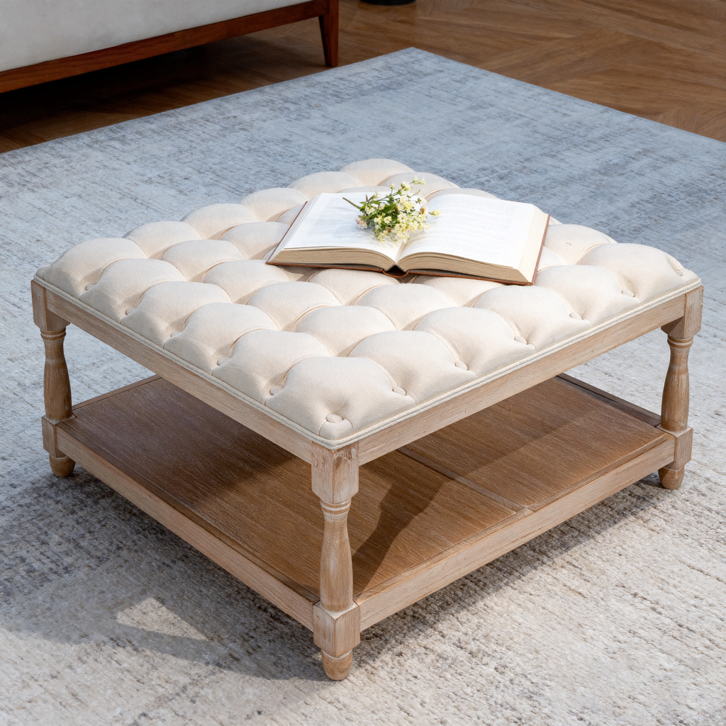 Square ottoman with tufted cushion and open book on a light gray rug