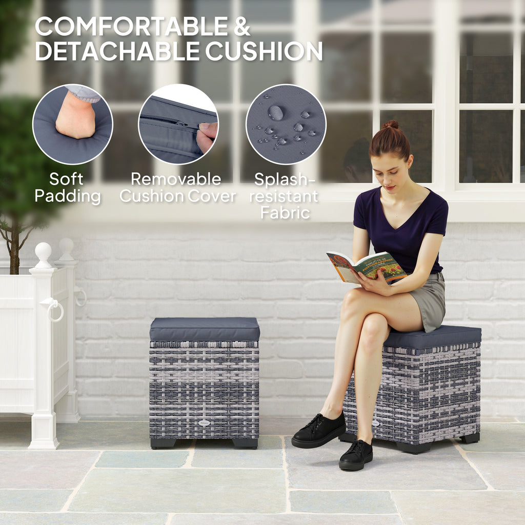 Woman sitting on a cushioned storage ottoman with text highlighting features like soft padding, removable cover, and splash-resistant fabric.