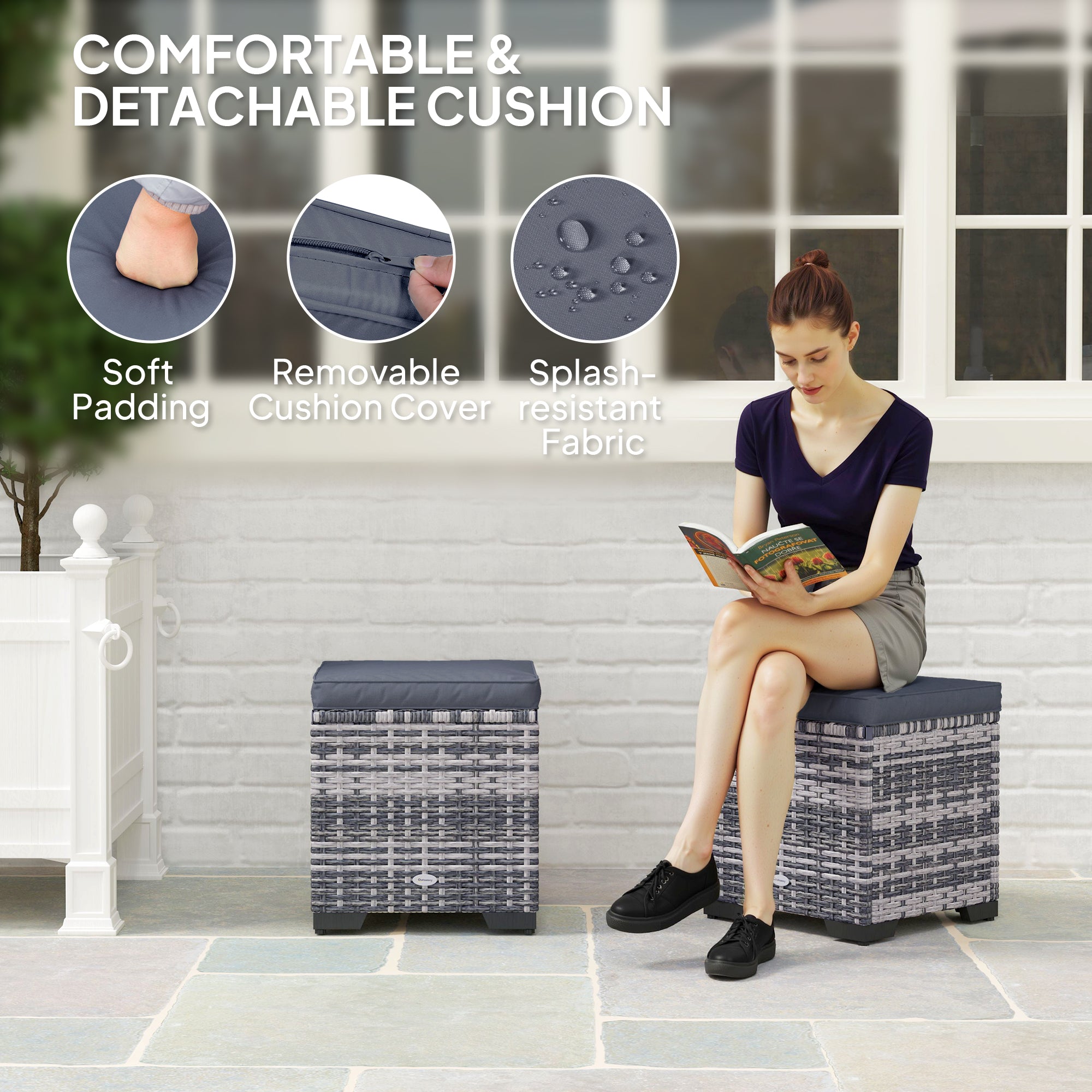 Woman sitting on a cushioned storage ottoman with text highlighting features like soft padding, removable cover, and splash-resistant fabric.