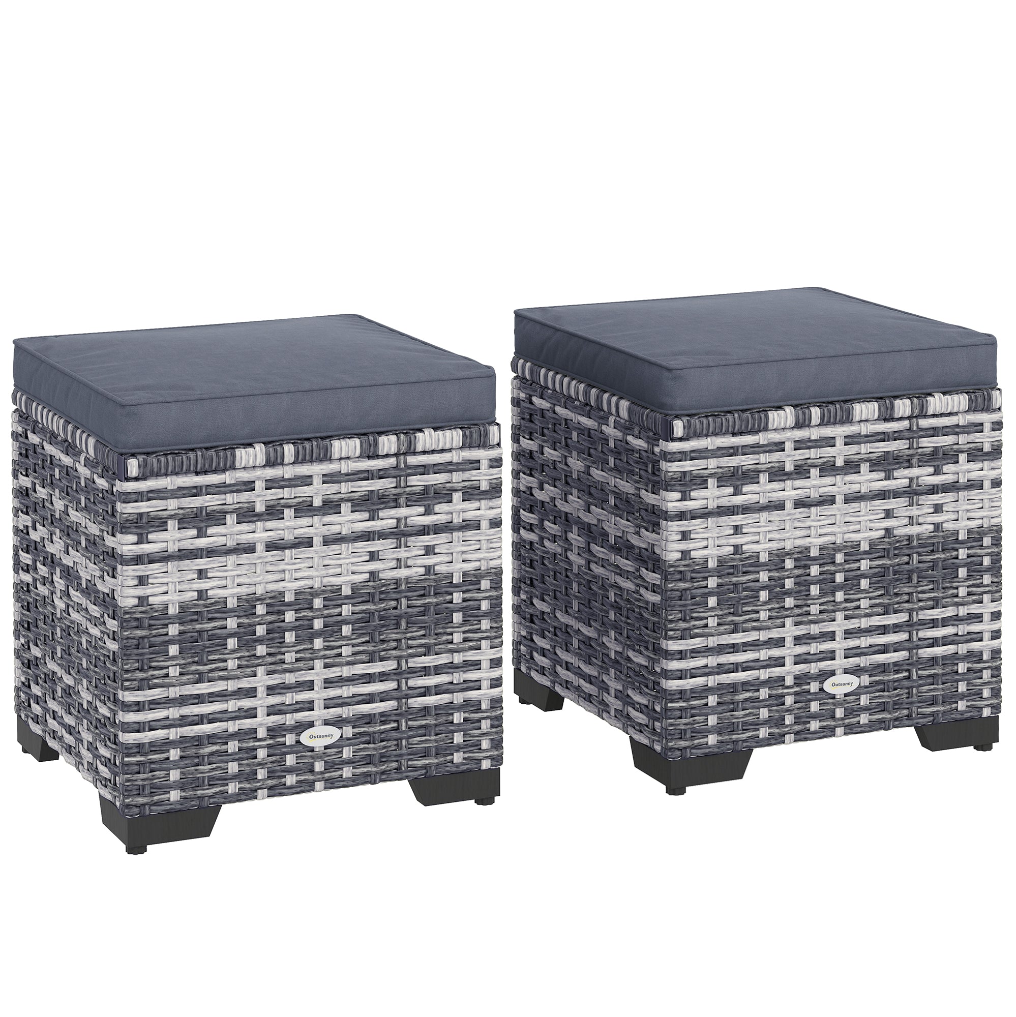 Two woven stools with dark cushions on a white background