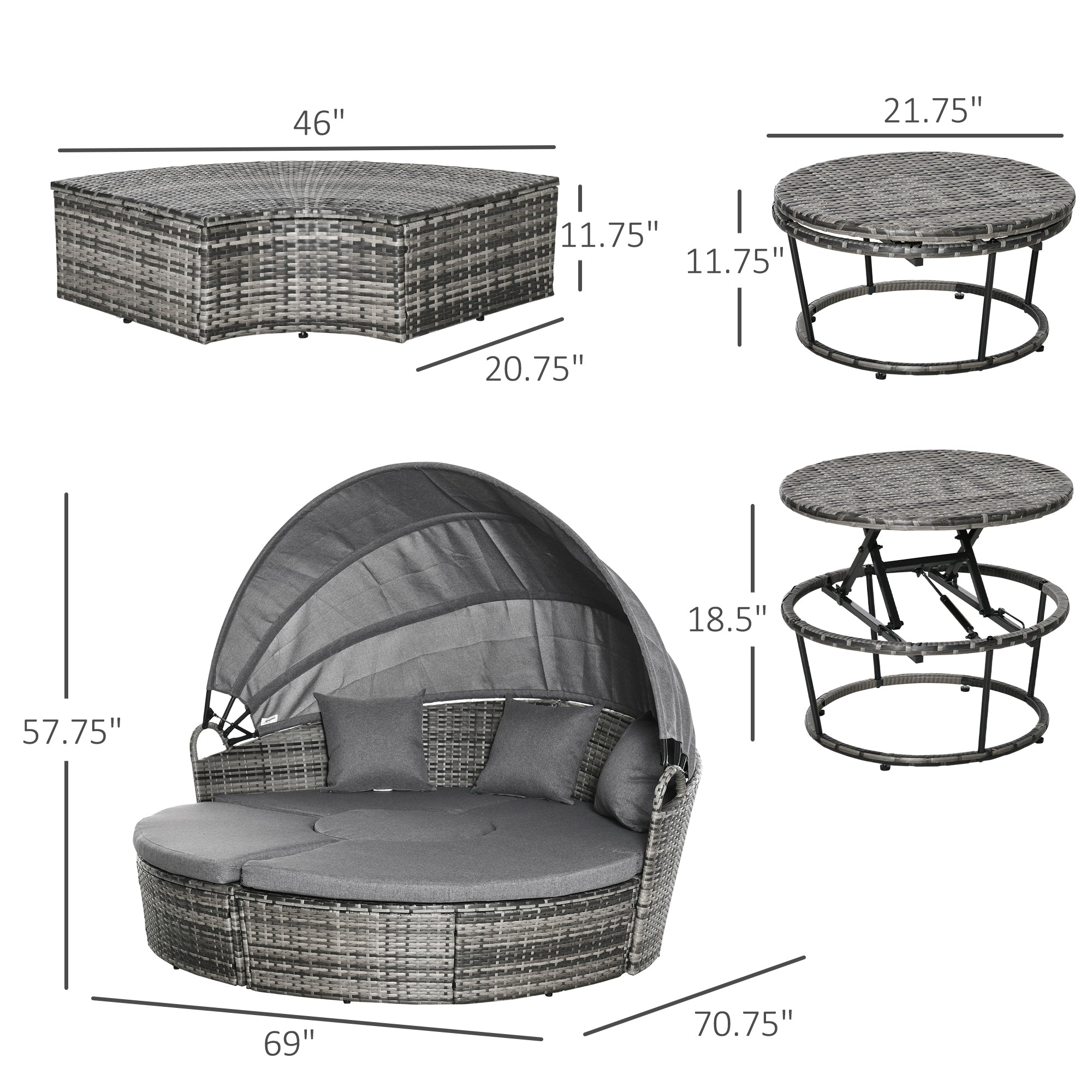 Outdoor furniture set with dimensions labeled on a white background