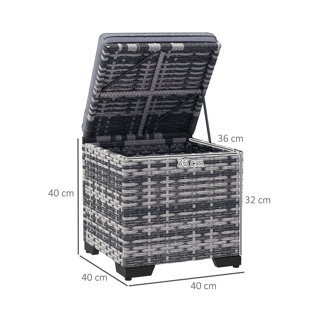 Wicker storage ottoman with dimensions labeled on a white background
