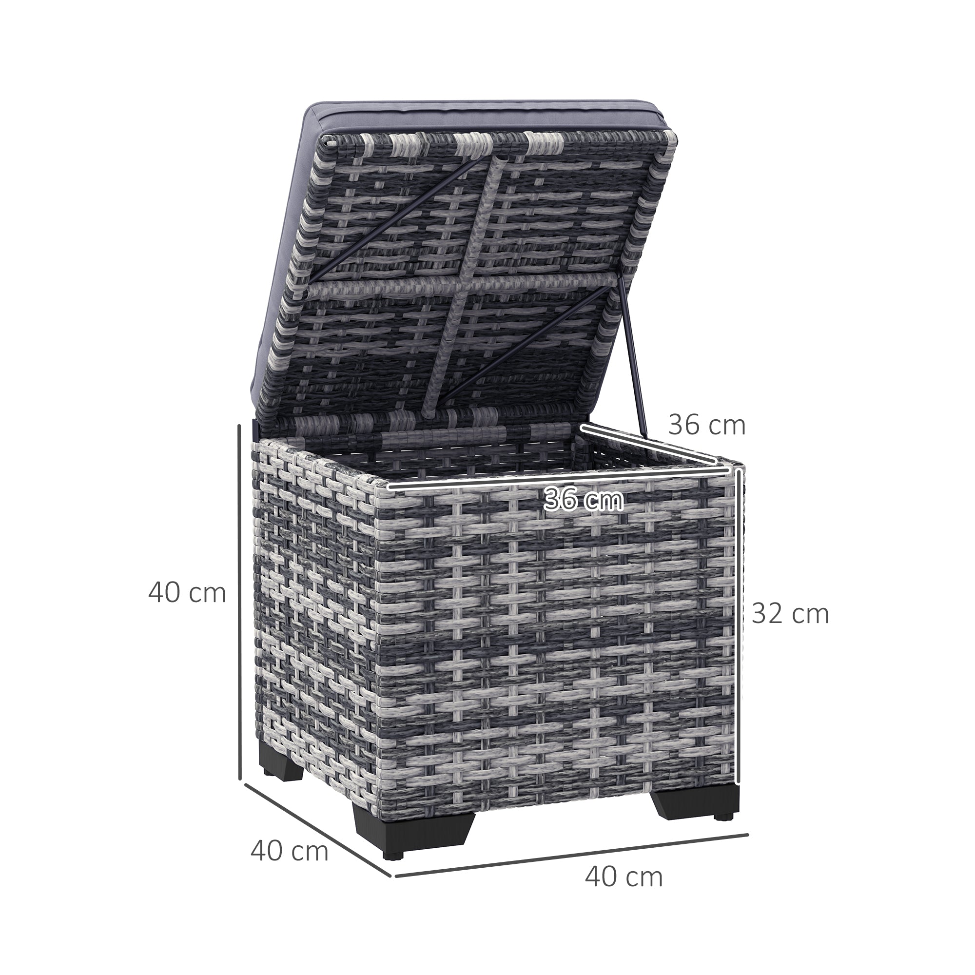 Wicker storage ottoman with dimensions labeled on a white background