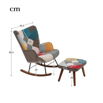 Multicolored patchwork rocking chair with ottoman and dimensions on a white background